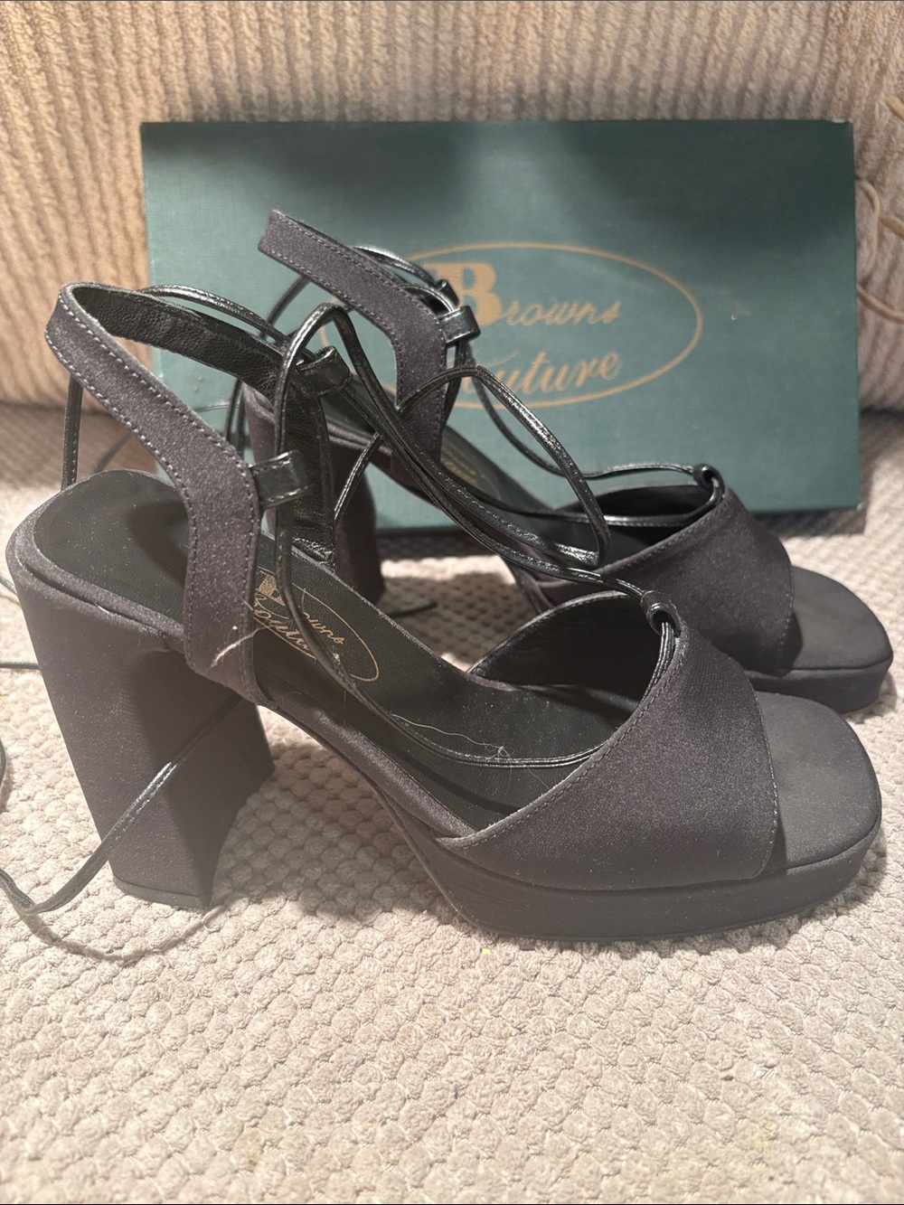 Brown's Couture Black Satin Platform Block Heel Sandals
